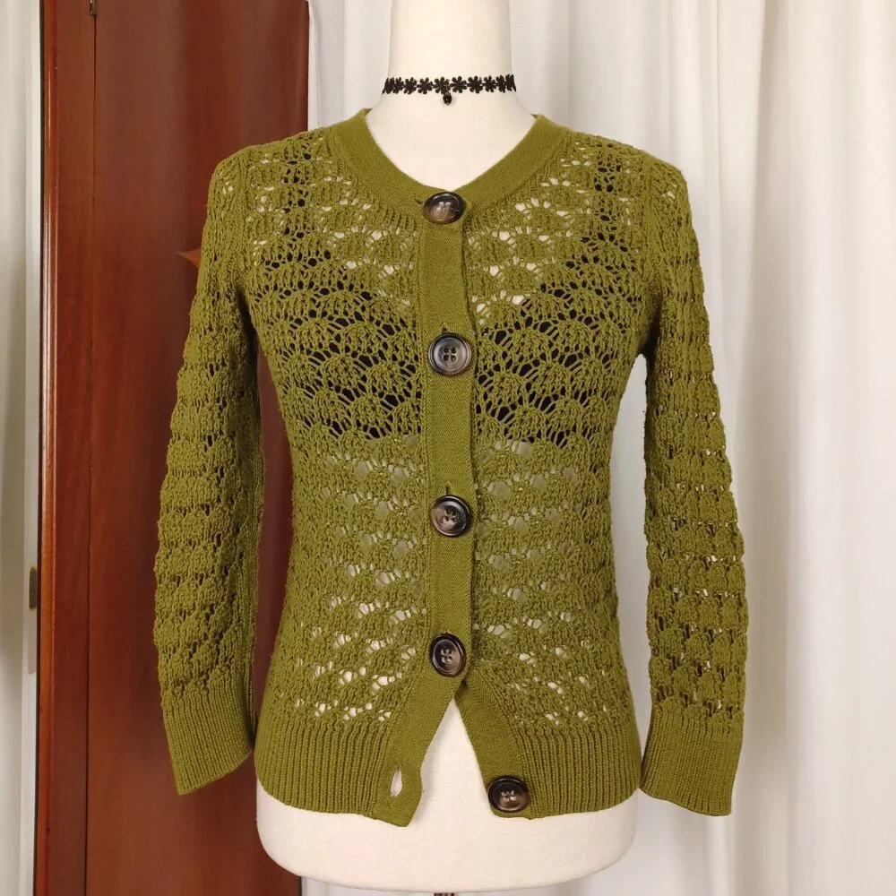 Vintage 100% Cotton Pointelle Knit Cardigan, Olive Green, XS/S - Picture 2 of 8